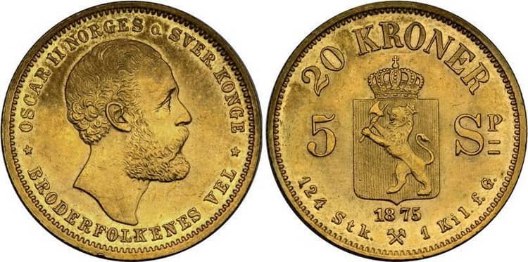 20 норвежских крон 1875 г