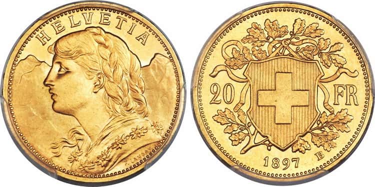 Золотые 20 швейцарских франков 1897-1949 годов 