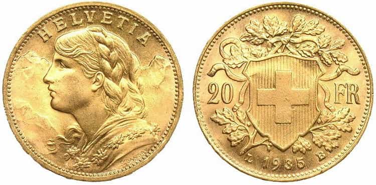 20 швейцарских франков 1930-1935 гг