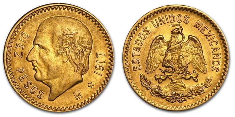 старинные золотые мексиканские 10 песо