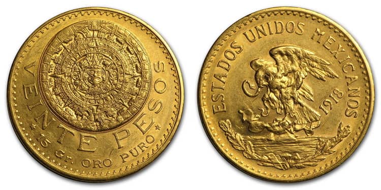 старинные золотые мексиканские 20 песо