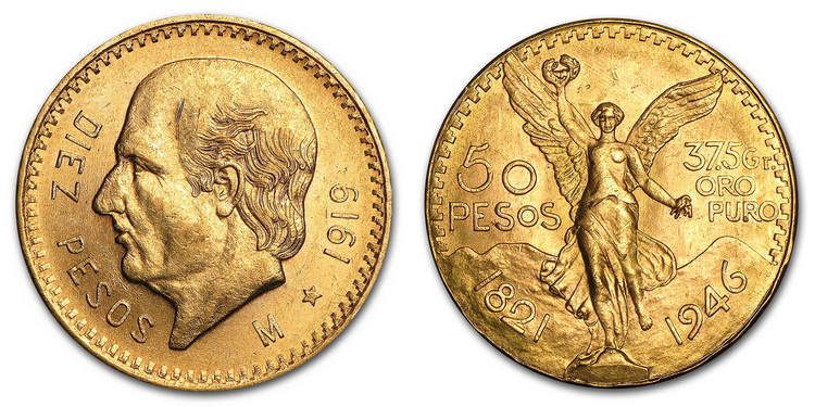 Внешний вид старинного золотого песо 1959 & PRIOR