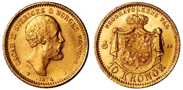 10 шведских крон 1874 года