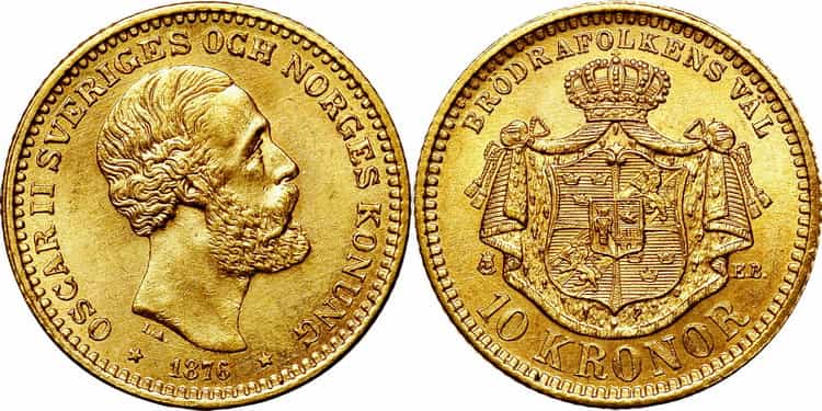 Аверс и Реверс 10 шведских крон 1876 года