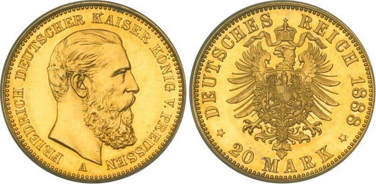 германия 20 золотых марок 1888 год