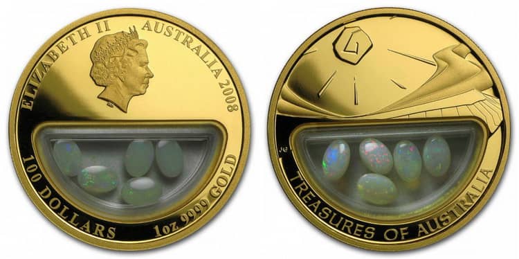 Золотая монета с драгоценными камнями Сокровища Австралии 2008 год