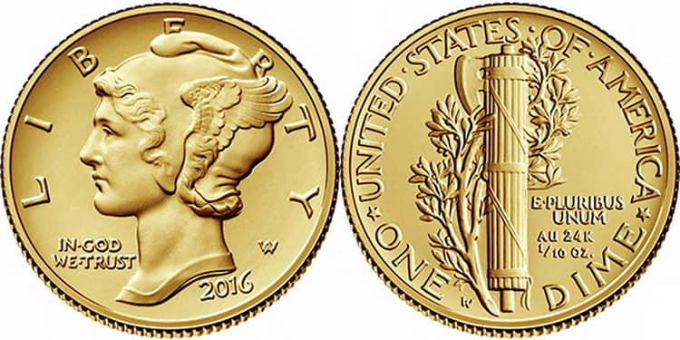 Золотая монета 10 центов меркурий