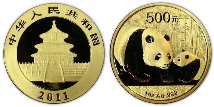 золотая монета китайские Панды 1 унция