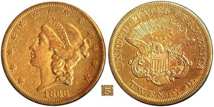 золотая монета двойной орел 1866 года