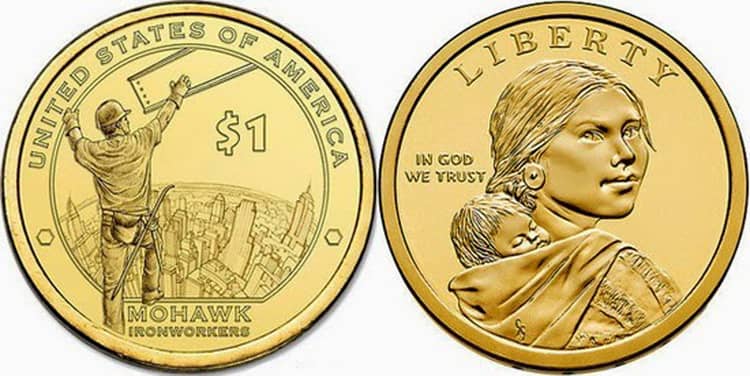 золотая монета индейца в 1 доллар