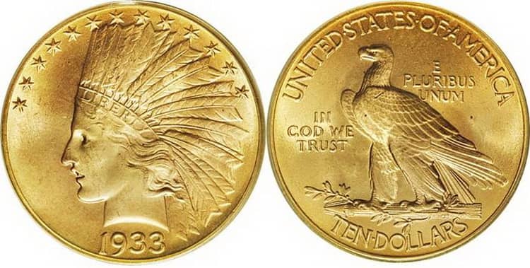 золотая монета голова индейца в 10 долларов 1933