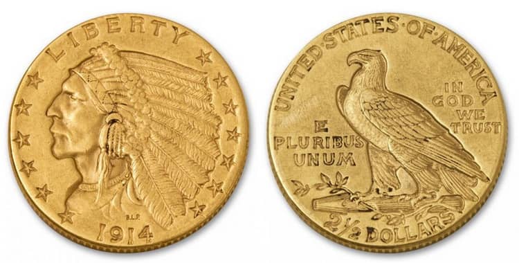 золотая монета голова индейца в 2,5 доллара 1914