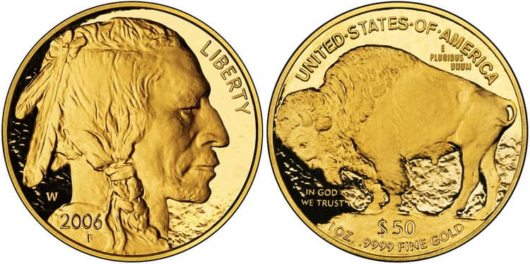 золотая монета голова индейца в 50 долларов 2006 года