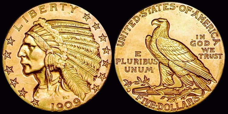 золотая монета голова индейца в 5 долларов 1909 года