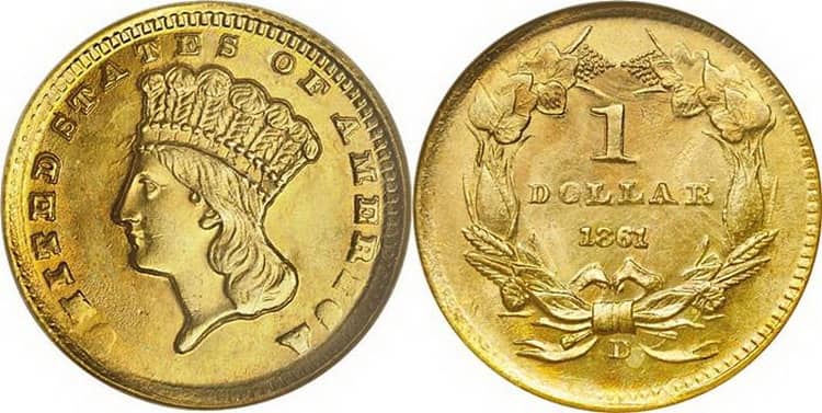 золотая монета голова индейца 1861 года