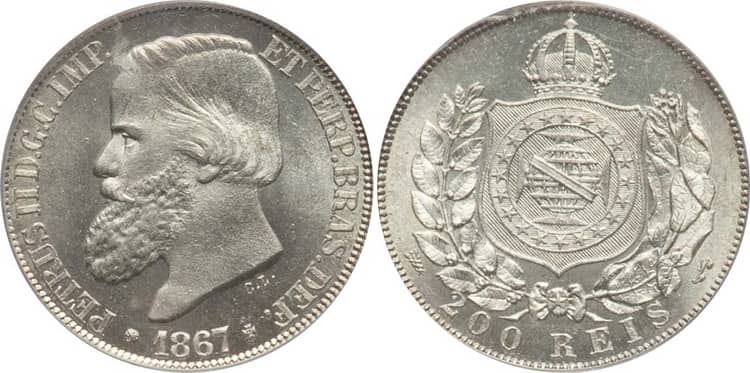 Особенности серебряной монеты Бразилии Педра II 1867 года