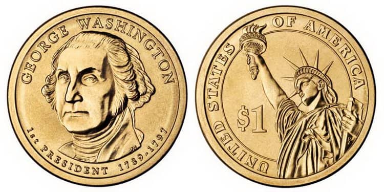 Золотая монета Джорджа Вашингтона с номиналом в 1 доллар
