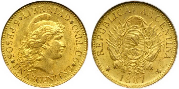 Золотые монеты Аргентины 1887 года