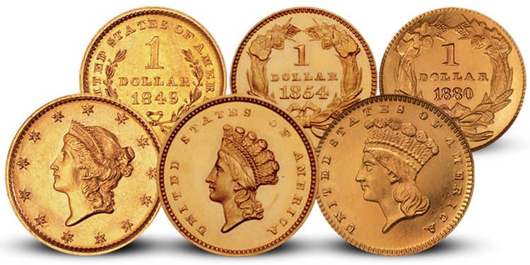 Различные золотые монеты Калифорнии
