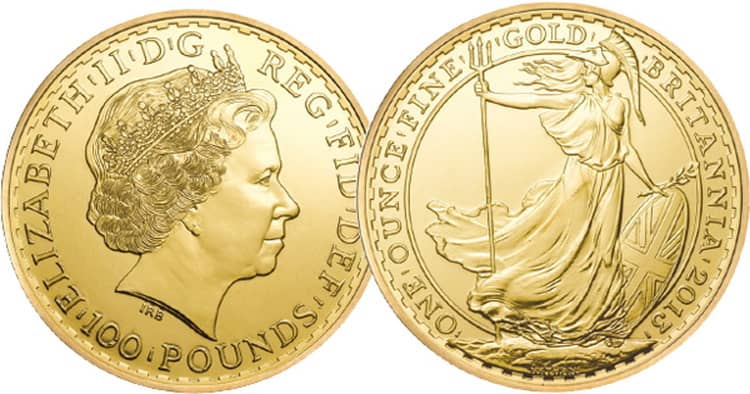 Золотая монета европейского союза 100 фунтов 2013 года